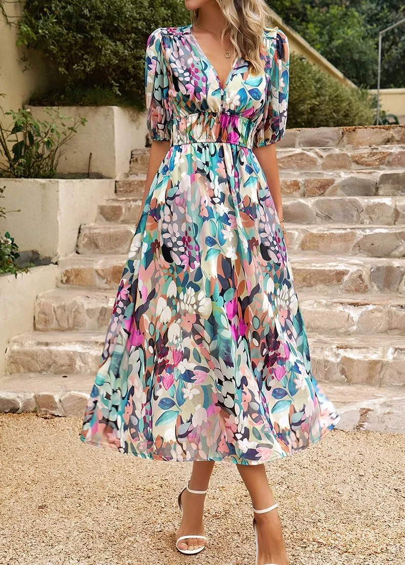 Spring Dresses for Women 2024 Casual,Temperament V-Neck Waist Printed Long Skirt,Puff-Sleeve V-Neck Floral Dress