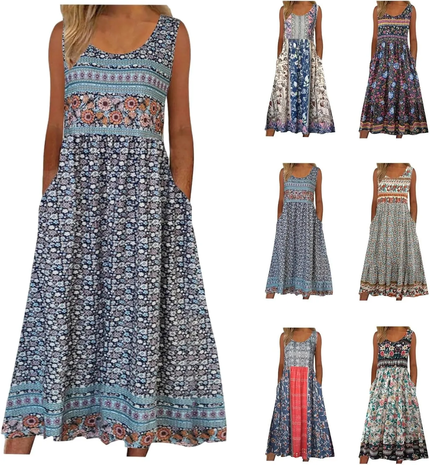 Summer Dresses for Women 2024 Casual Floral Boho Flowy Maxi Dress Loose Sleeveless Crewneck Beach Sundress Pockets