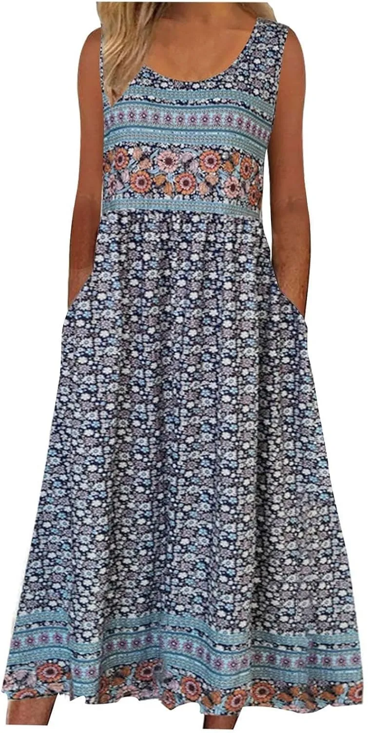 Summer Dresses for Women 2024 Casual Floral Boho Flowy Maxi Dress Loose Sleeveless Crewneck Beach Sundress Pockets