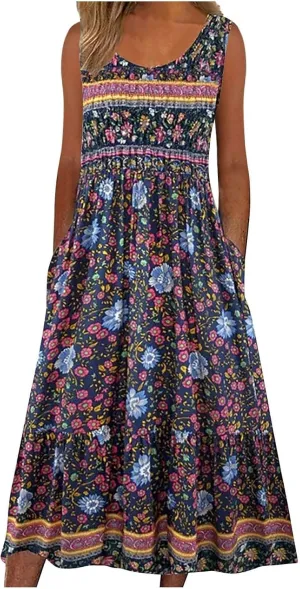 Summer Dresses for Women 2024 Casual Floral Boho Flowy Maxi Dress Loose Sleeveless Crewneck Beach Sundress Pockets