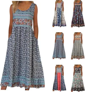 Summer Dresses for Women 2024 Casual Floral Boho Flowy Maxi Dress Loose Sleeveless Crewneck Beach Sundress Pockets