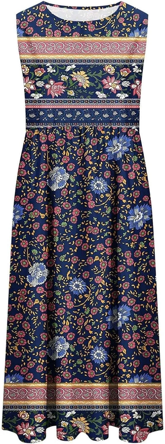 Summer Dresses for Women 2024 Casual Floral Boho Flowy Maxi Dress Loose Sleeveless Crewneck Beach Sundress Pockets
