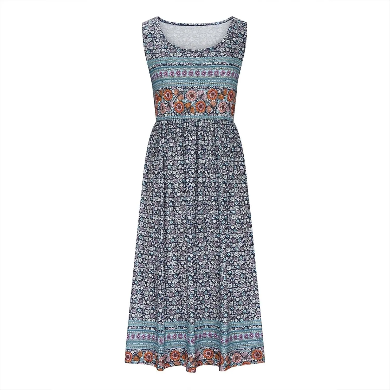 Summer Dresses for Women 2024 Casual Floral Boho Flowy Maxi Dress Loose Sleeveless Crewneck Beach Sundress Pockets