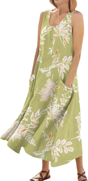 Summer Dresses for Women 2025 Linen Plus Size Tank Sundresses Beach Vacation Sleeveless Floral Dress with Pockets
