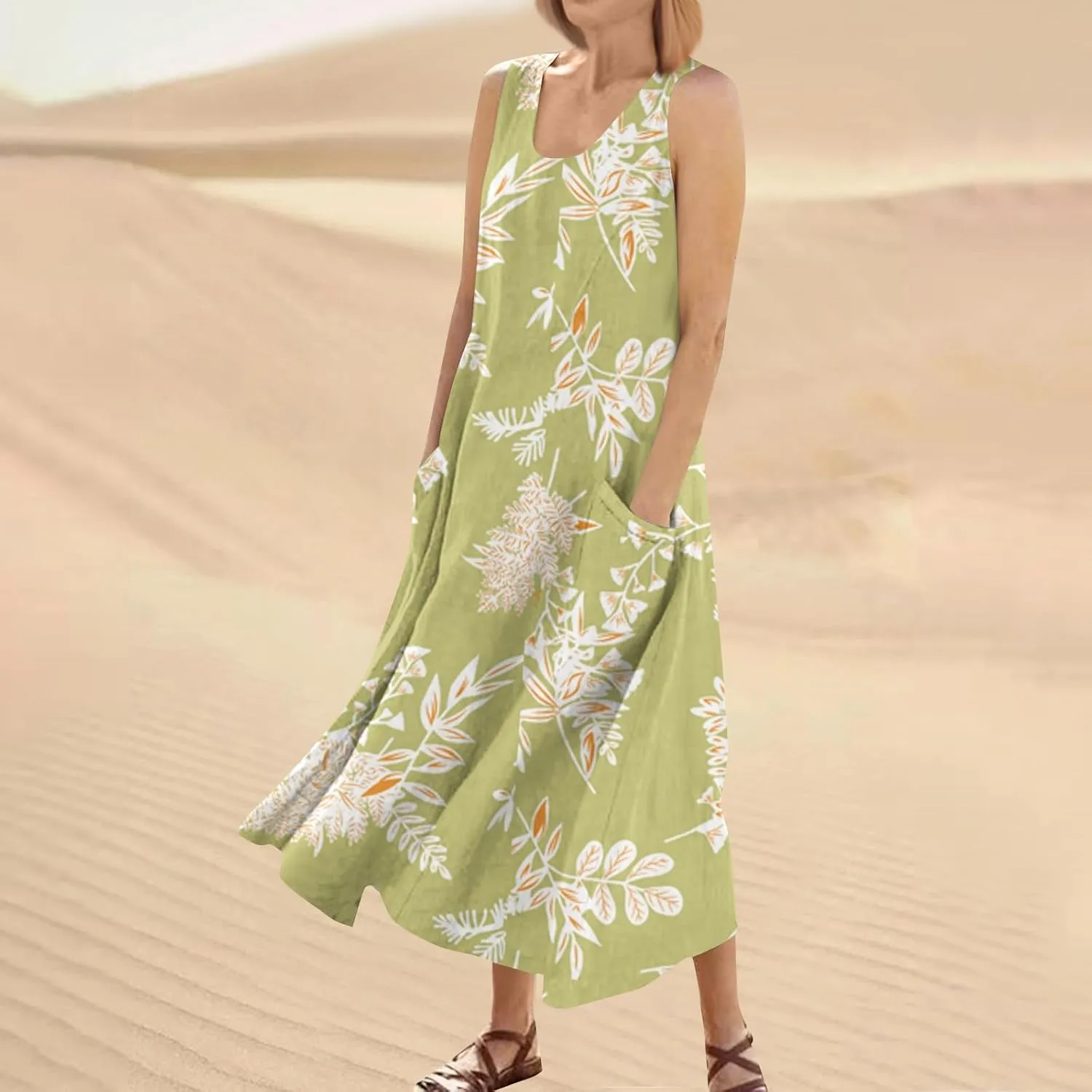 Summer Dresses for Women 2025 Linen Plus Size Tank Sundresses Beach Vacation Sleeveless Floral Dress with Pockets
