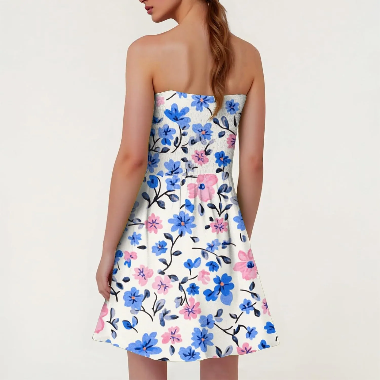 Summer Dresses for Women Strapless Casual Mini Beach Cover Ups Tube Top Boho Floral Print Sundress