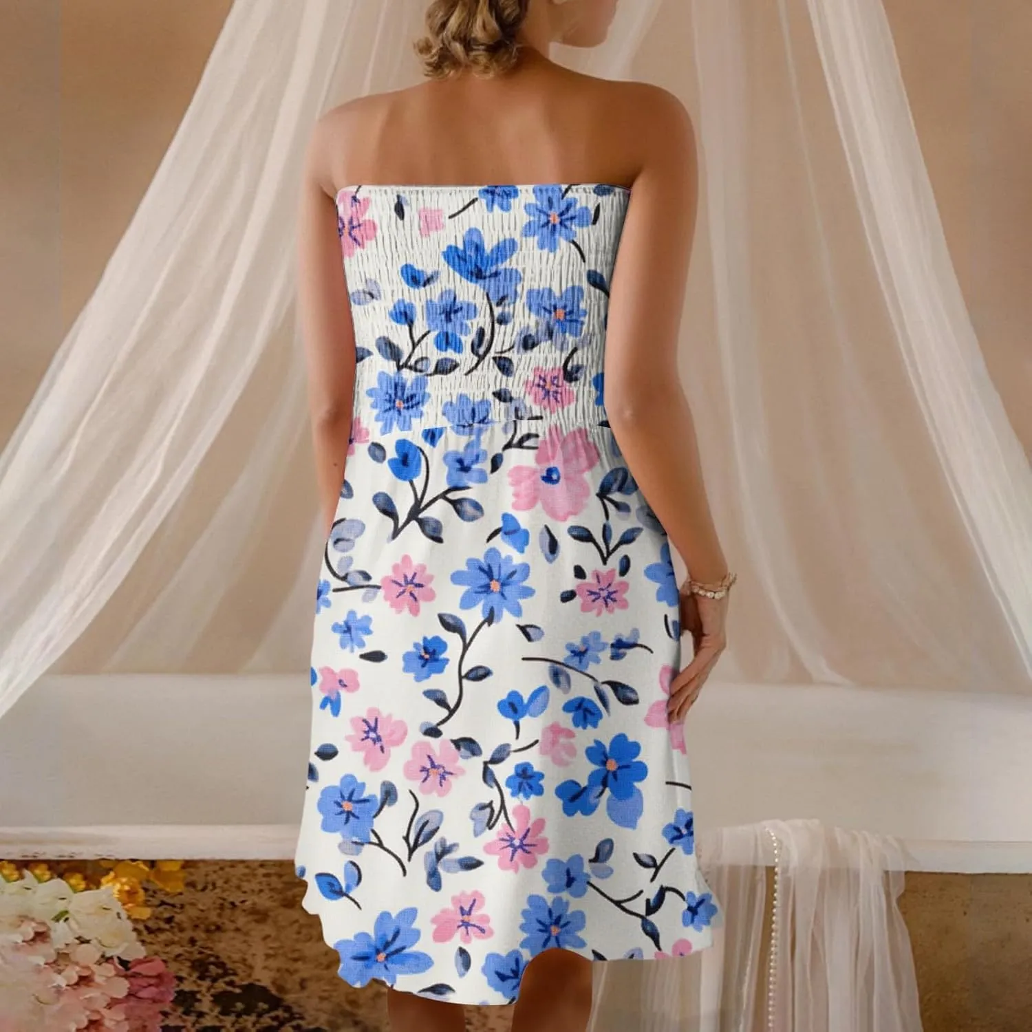 Summer Dresses for Women Strapless Casual Mini Beach Cover Ups Tube Top Boho Floral Print Sundress