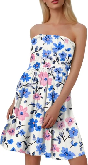 Summer Dresses for Women Strapless Casual Mini Beach Cover Ups Tube Top Boho Floral Print Sundress
