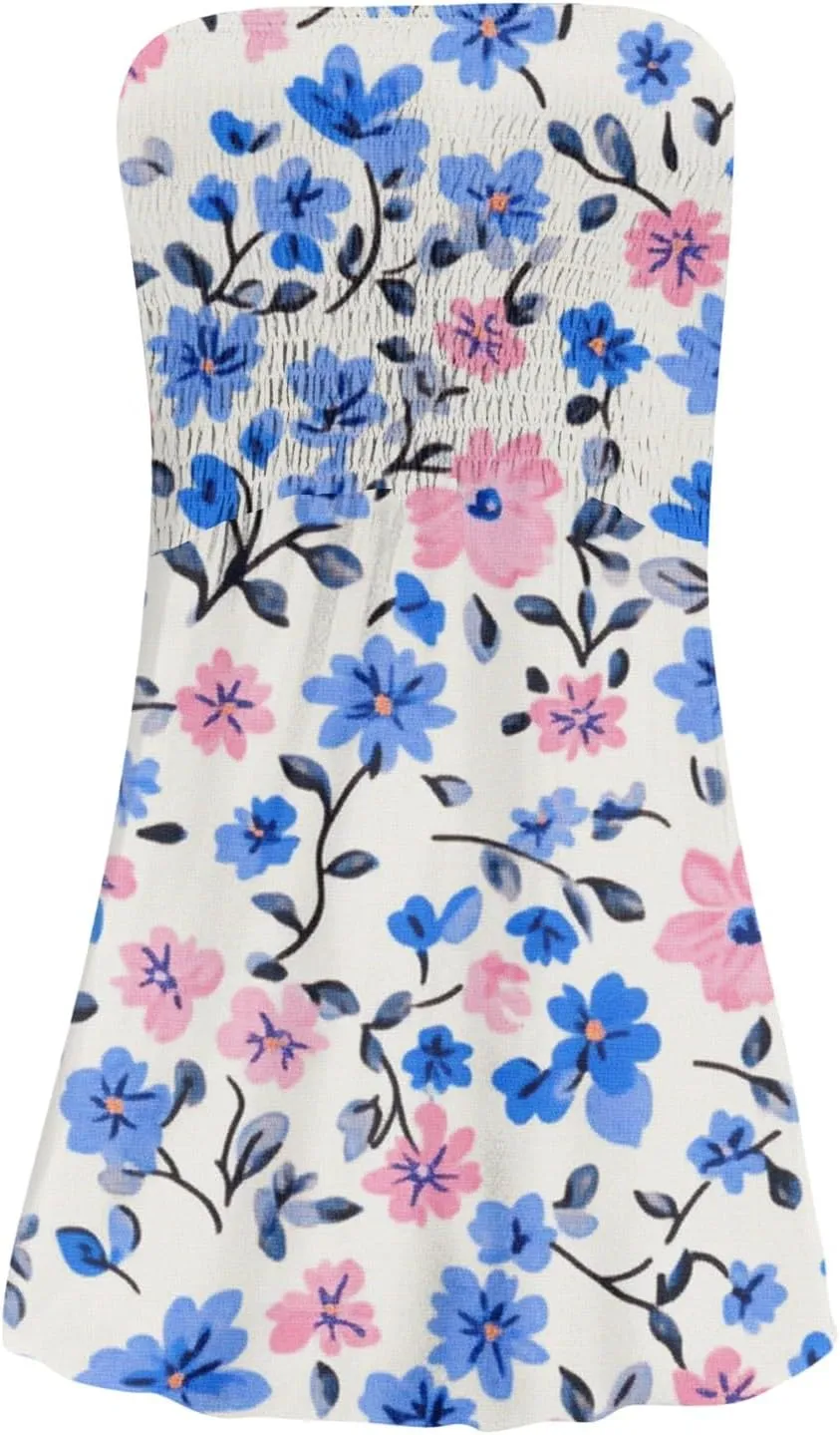 Summer Dresses for Women Strapless Casual Mini Beach Cover Ups Tube Top Boho Floral Print Sundress