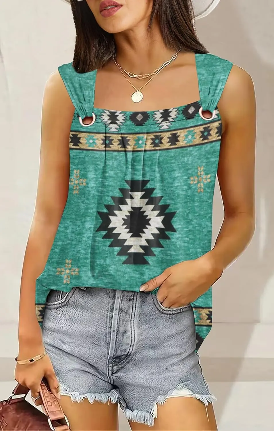 Summer Tank Tops for Women Pleated Square Neck O Ring Shoulder Sleeveless Shirts Casual Loose Fit Trendy Blouses