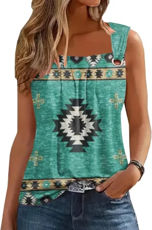 Summer Tank Tops for Women Pleated Square Neck O Ring Shoulder Sleeveless Shirts Casual Loose Fit Trendy Blouses