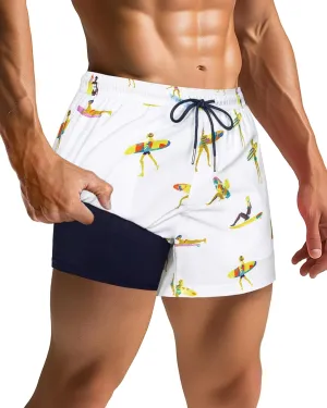 SURF CUZ Mens Swim Trunks with Compression Liner Quick Dry Swim Shorts Swimming Trunks 2 in 1 Bathing Suit Zipper Pockets