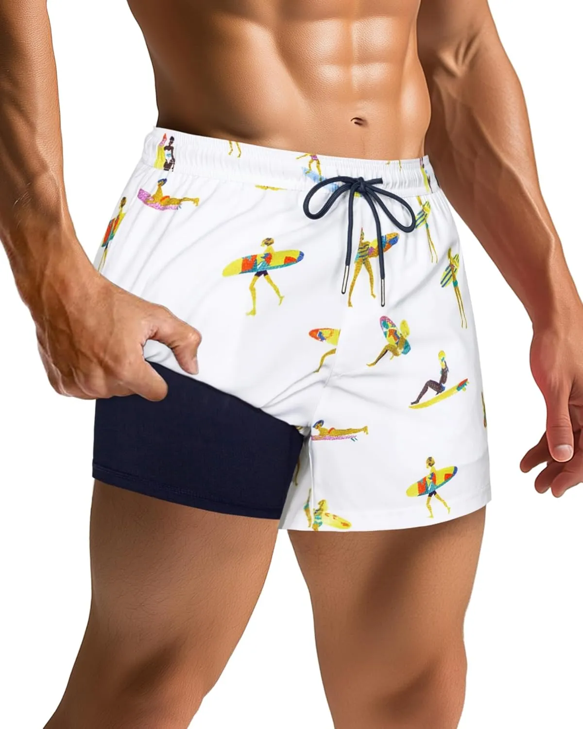SURF CUZ Mens Swim Trunks with Compression Liner Quick Dry Swim Shorts Swimming Trunks 2 in 1 Bathing Suit Zipper Pockets