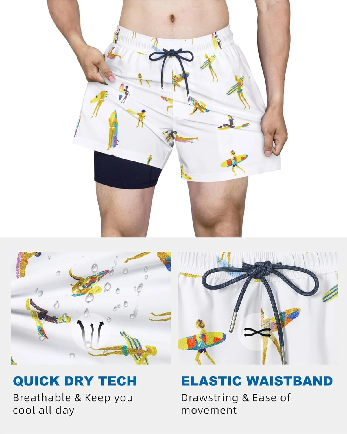 SURF CUZ Mens Swim Trunks with Compression Liner Quick Dry Swim Shorts Swimming Trunks 2 in 1 Bathing Suit Zipper Pockets