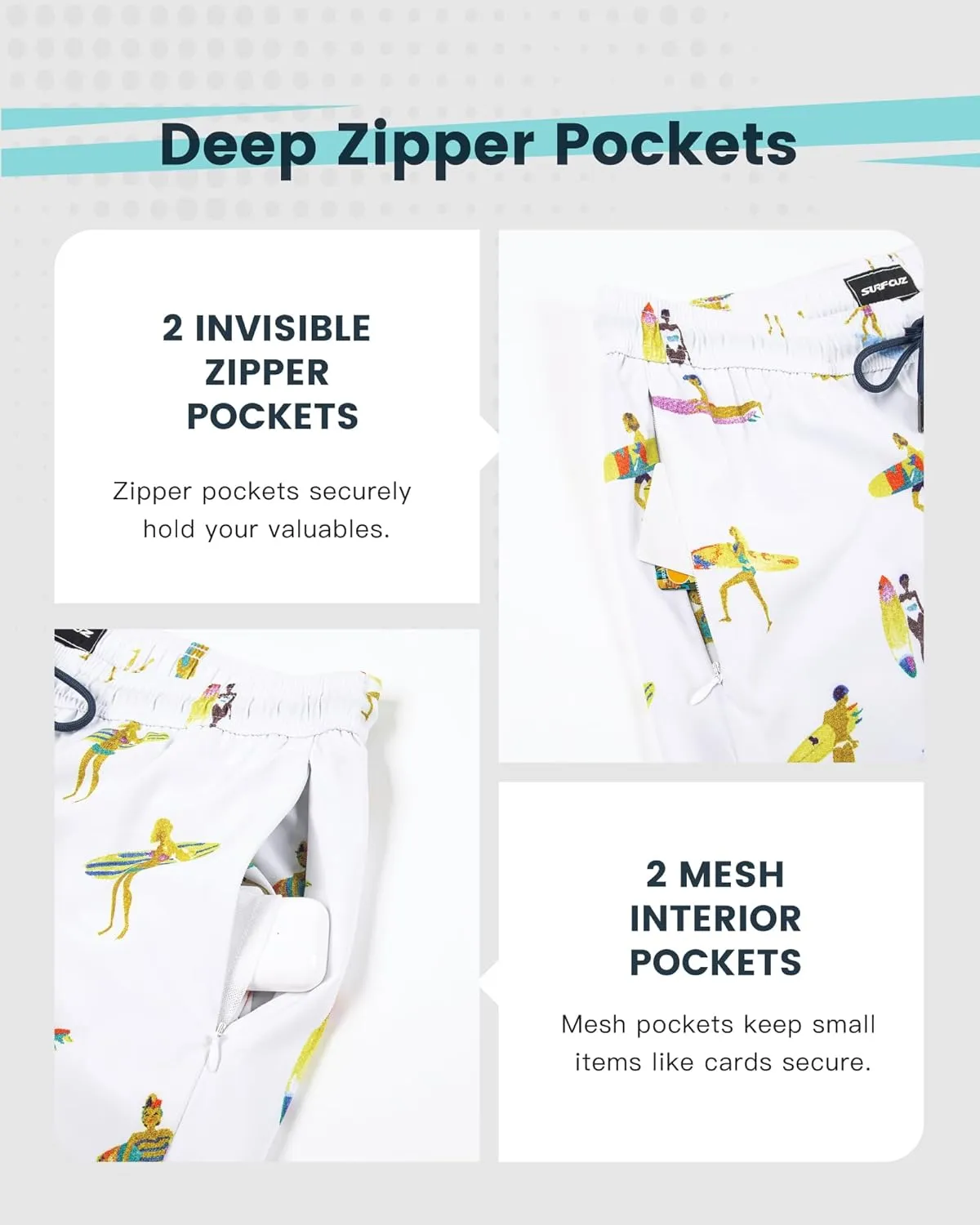 SURF CUZ Mens Swim Trunks with Compression Liner Quick Dry Swim Shorts Swimming Trunks 2 in 1 Bathing Suit Zipper Pockets