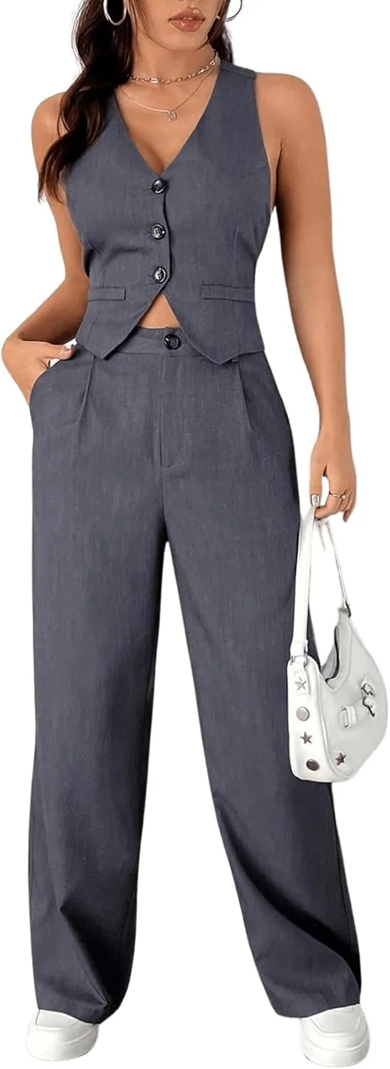SweatyRocks Women's 2 Piece Solid Sleeveless V Neck Cross Back Button Down Blazer and Pants Business Office Suit Set