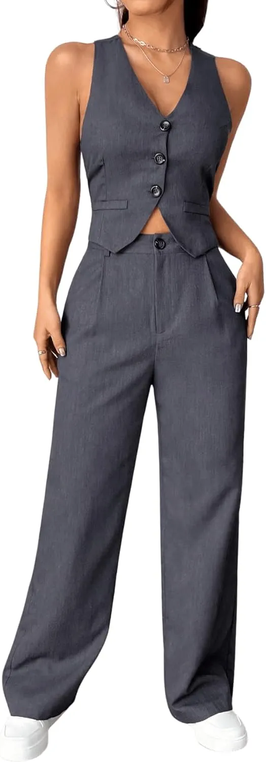 SweatyRocks Women's 2 Piece Solid Sleeveless V Neck Cross Back Button Down Blazer and Pants Business Office Suit Set
