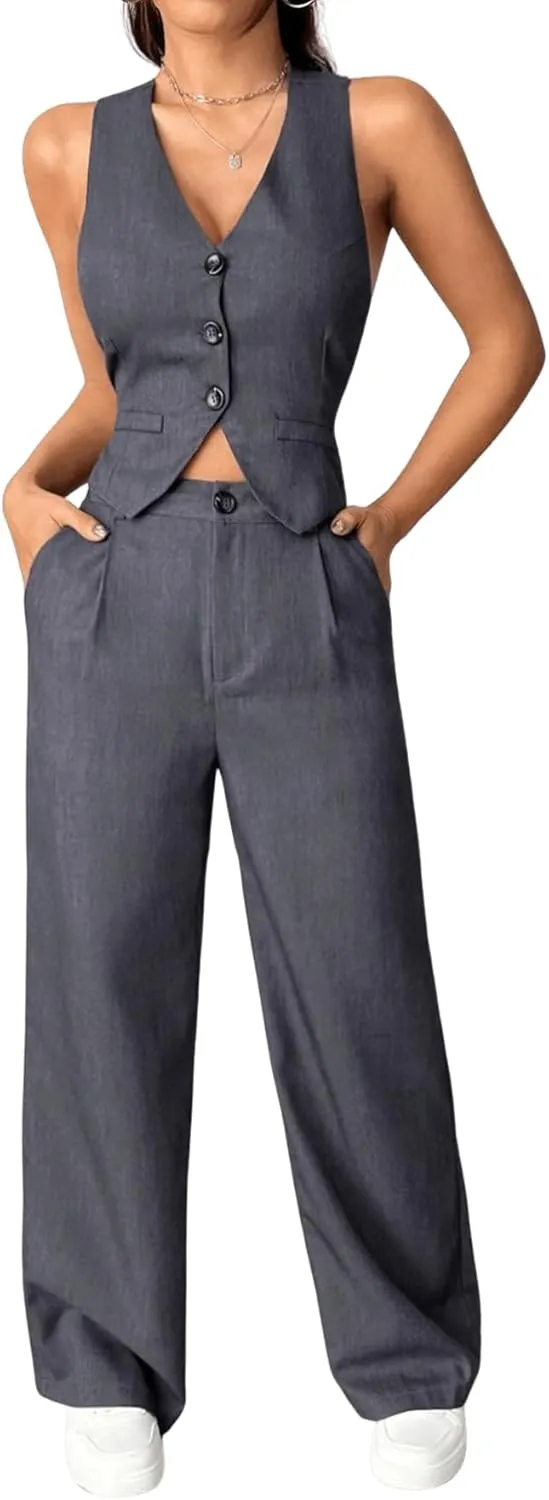 SweatyRocks Women's 2 Piece Solid Sleeveless V Neck Cross Back Button Down Blazer and Pants Business Office Suit Set