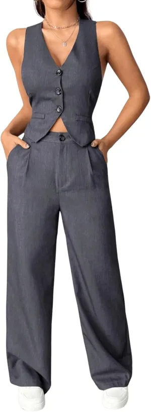 SweatyRocks Women's 2 Piece Solid Sleeveless V Neck Cross Back Button Down Blazer and Pants Business Office Suit Set