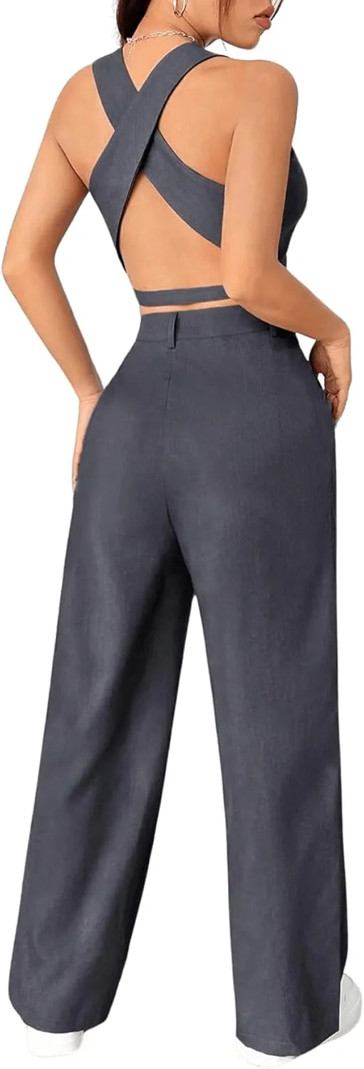 SweatyRocks Women's 2 Piece Solid Sleeveless V Neck Cross Back Button Down Blazer and Pants Business Office Suit Set