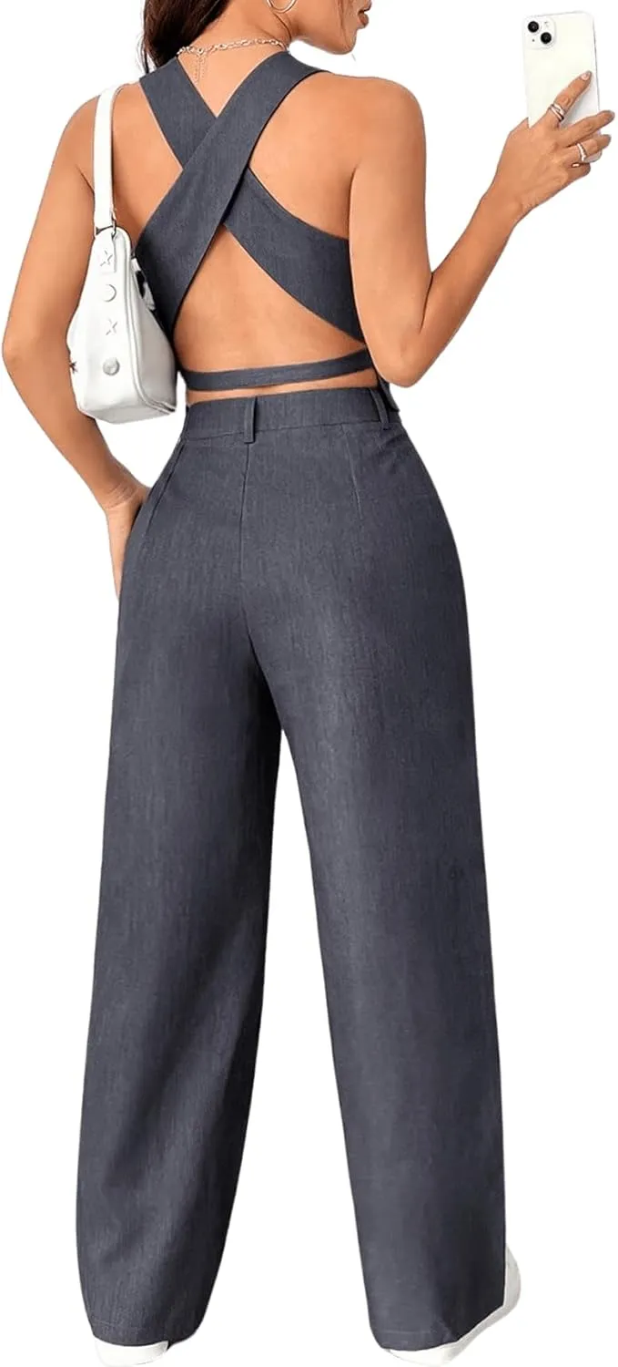 SweatyRocks Women's 2 Piece Solid Sleeveless V Neck Cross Back Button Down Blazer and Pants Business Office Suit Set