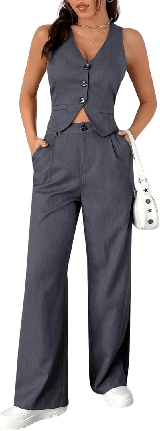 SweatyRocks Women's 2 Piece Solid Sleeveless V Neck Cross Back Button Down Blazer and Pants Business Office Suit Set