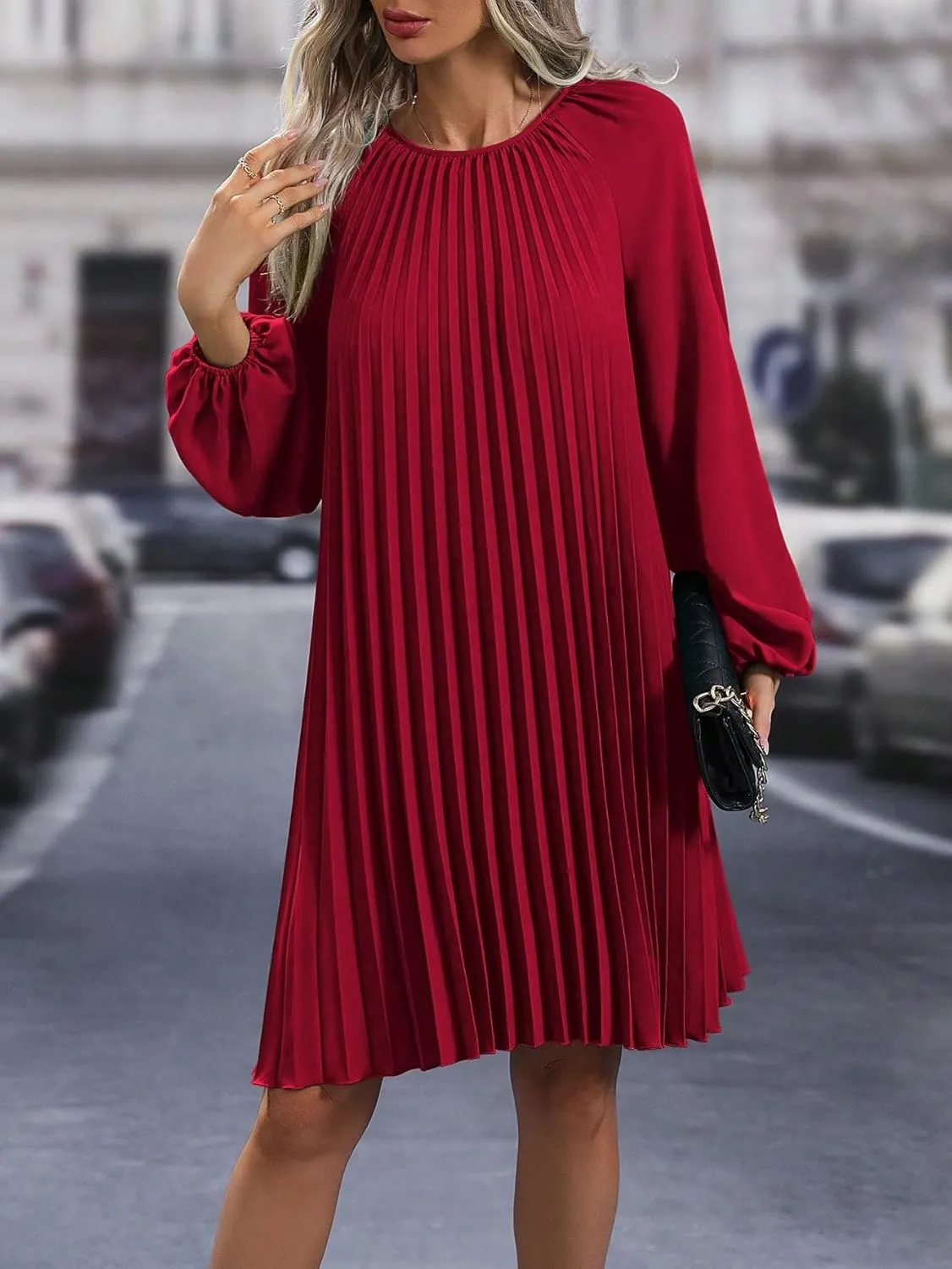 SweatyRocks Women's Lantern Long Sleeve Round Neck Solid Dress Casual Pleated Tunic Mini Dress