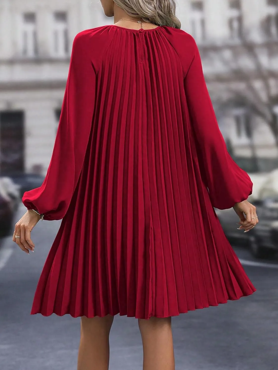 SweatyRocks Women's Lantern Long Sleeve Round Neck Solid Dress Casual Pleated Tunic Mini Dress