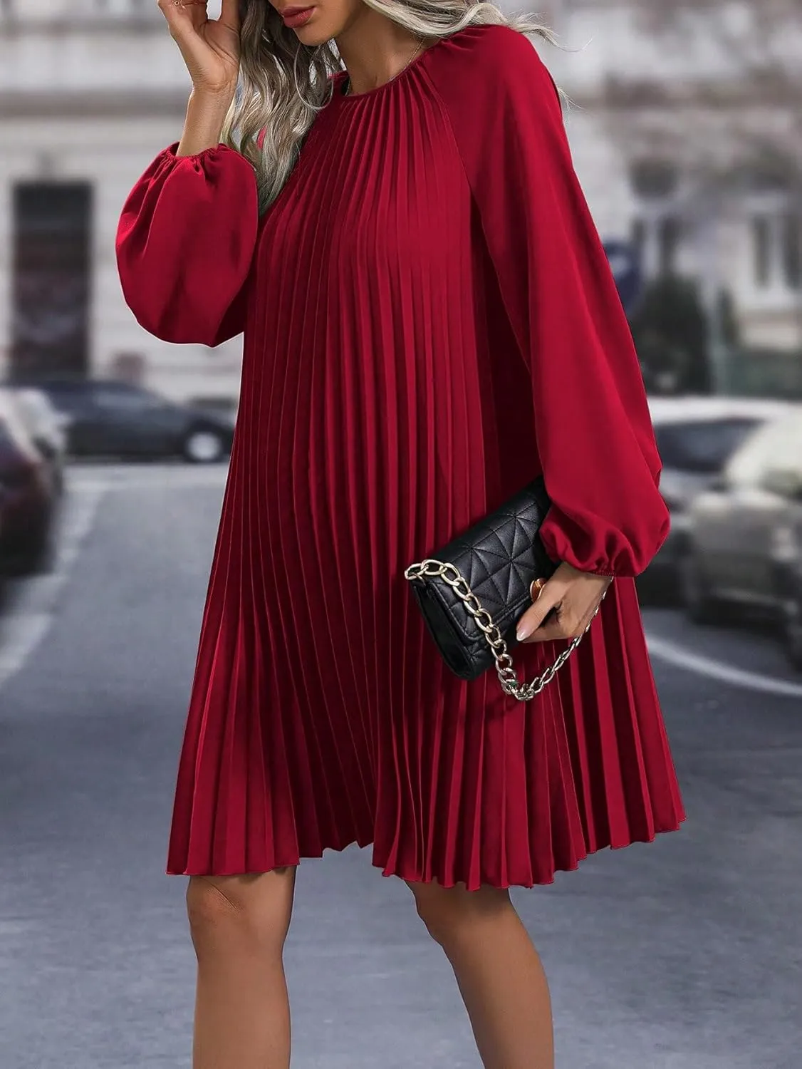 SweatyRocks Women's Lantern Long Sleeve Round Neck Solid Dress Casual Pleated Tunic Mini Dress
