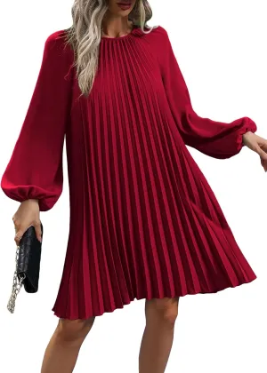 SweatyRocks Women's Lantern Long Sleeve Round Neck Solid Dress Casual Pleated Tunic Mini Dress