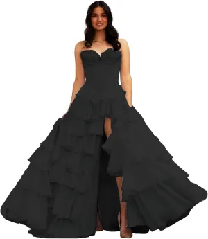 Sweetheart Tiered Prom Dress for Women Chiffon Strapless Formal Evening Dresses with Slit