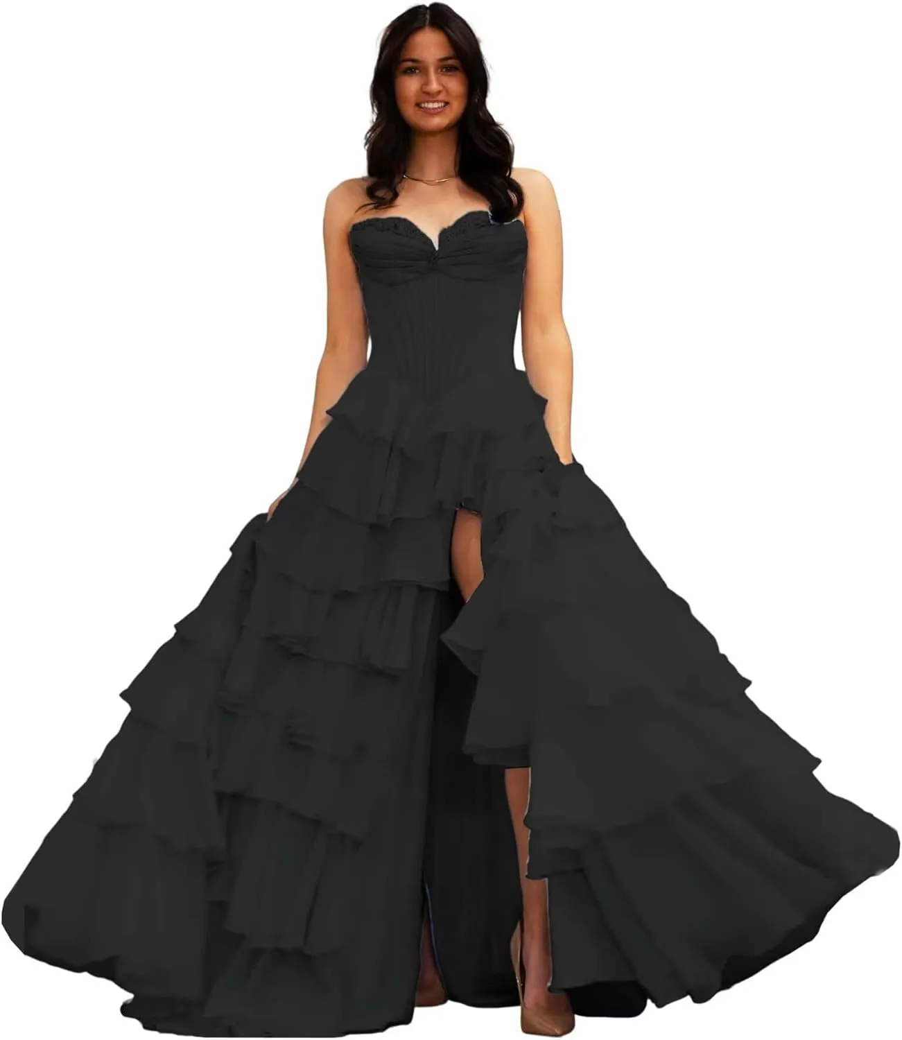 Sweetheart Tiered Prom Dress for Women Chiffon Strapless Formal Evening Dresses with Slit