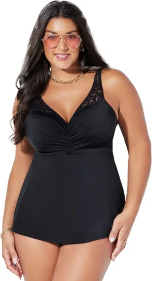 Swimsuits For All Women's Plus Size V Neck Crochet Relaxed Fit Bra Sized Crochet Underwire Tankini Top with Adjustable Straps