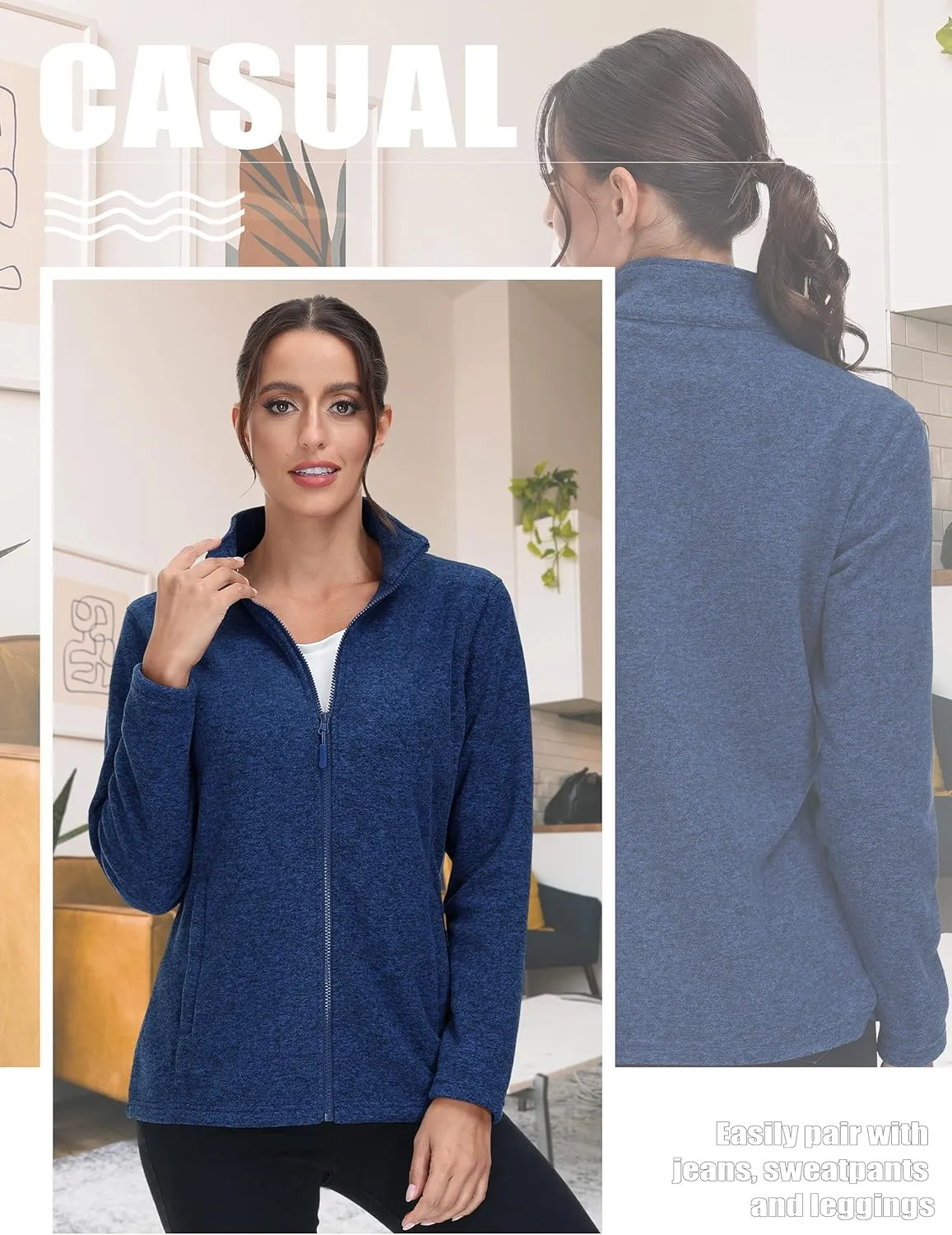 TACVASEN Women's Full Zip Fleece Jacket Lightweight Jacket Womens Winter Warm Coats with 2 Zipper Pockets