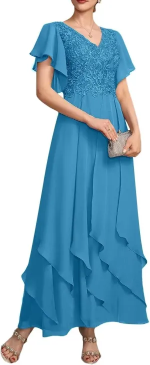 Tiered Chiffon Mother of The Bride Dresses for Wedding Ruffle Sleeves Lace Applique Evening Party Gown