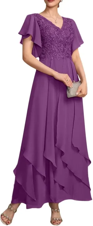 Tiered Chiffon Mother of The Bride Dresses for Wedding Ruffle Sleeves Lace Applique Evening Party Gown