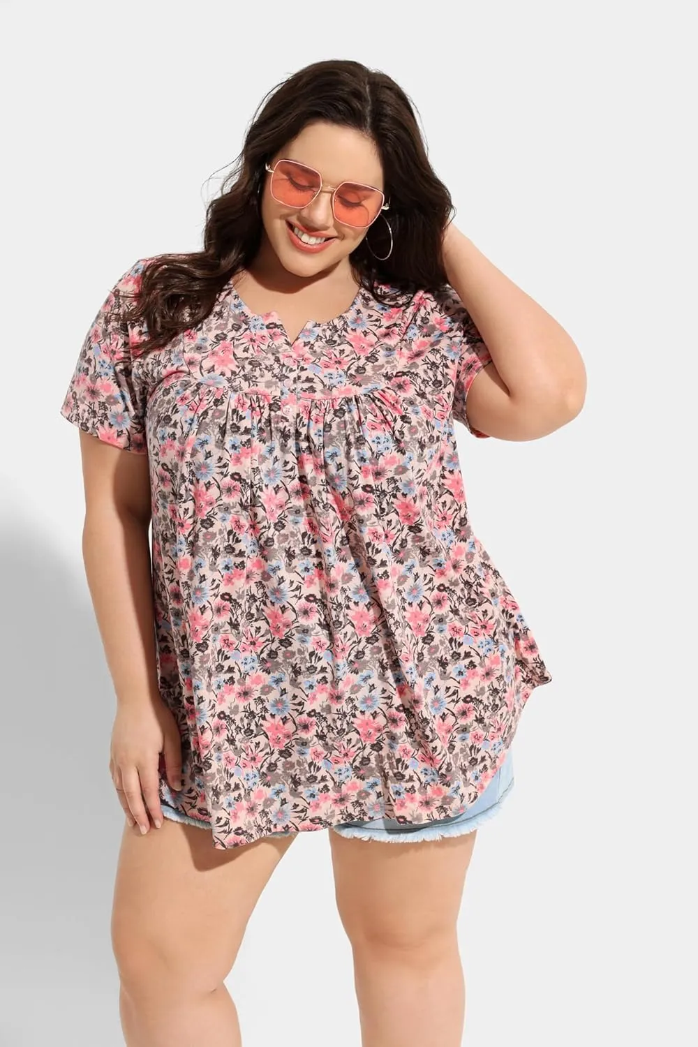 TIYOMI Plus Size Short Sleeve Tops for Women Buttons Up Shirts Summer Dressy Blouses Swing Tunics XL-5XL