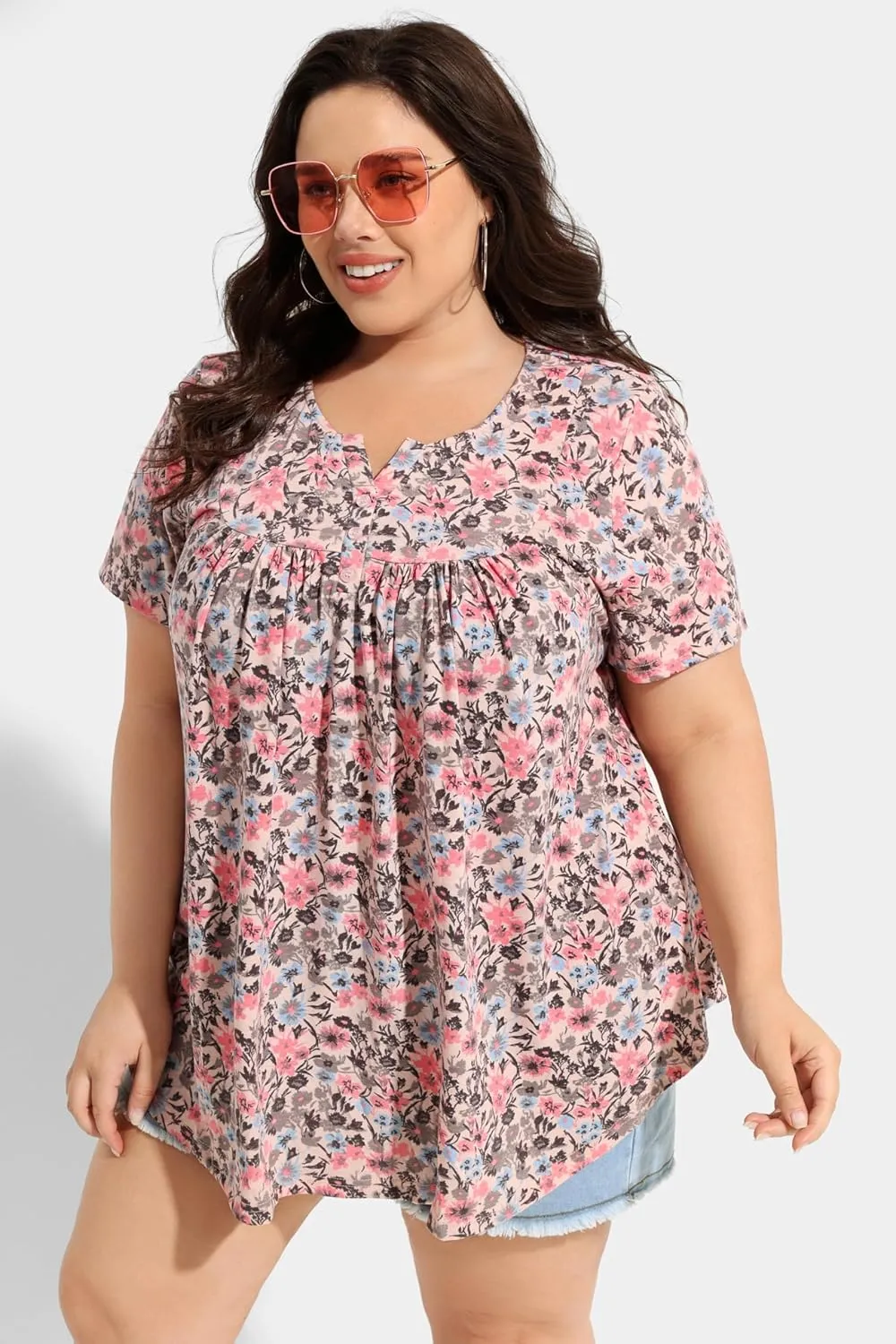 TIYOMI Plus Size Short Sleeve Tops for Women Buttons Up Shirts Summer Dressy Blouses Swing Tunics XL-5XL