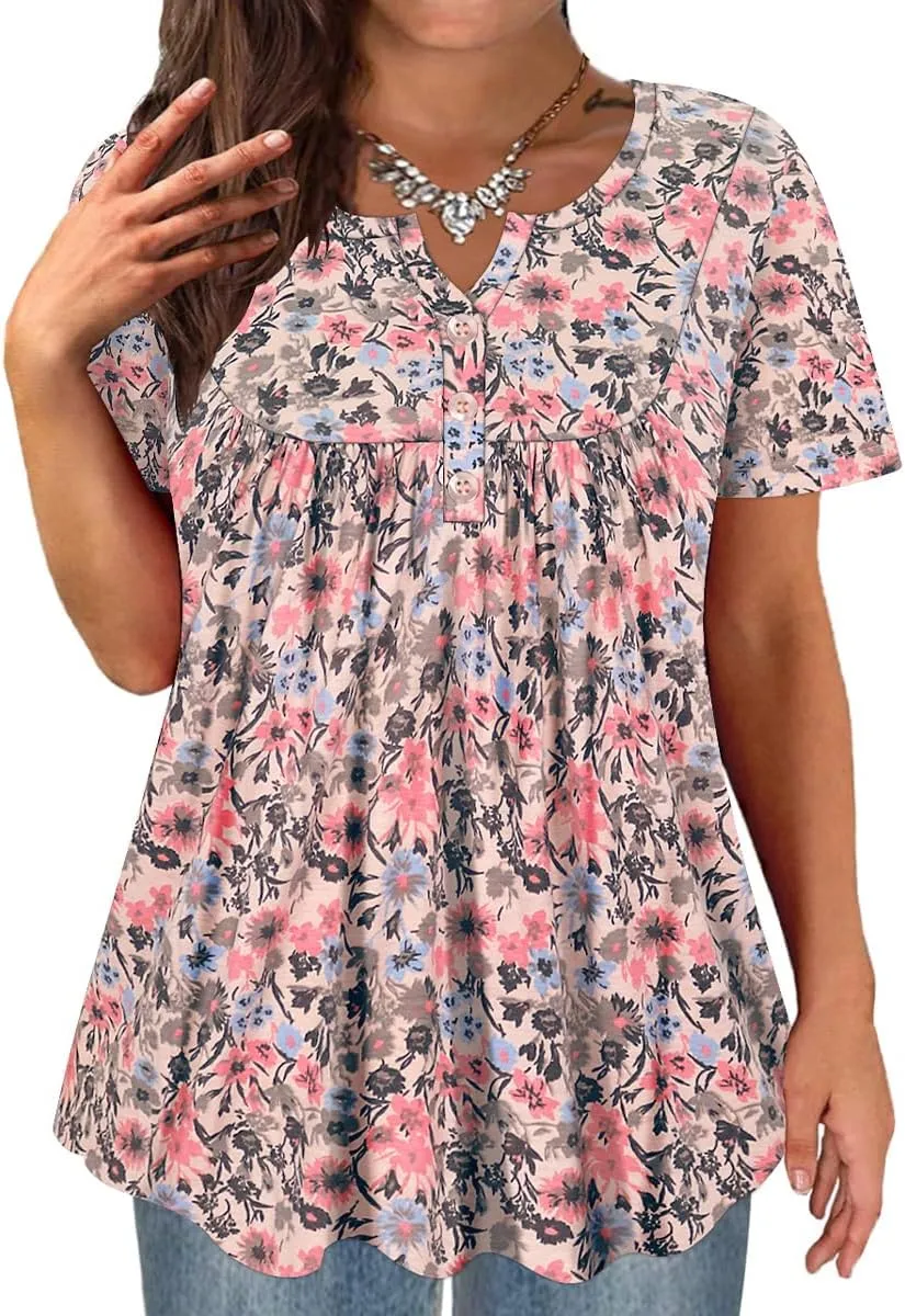 TIYOMI Plus Size Short Sleeve Tops for Women Buttons Up Shirts Summer Dressy Blouses Swing Tunics XL-5XL