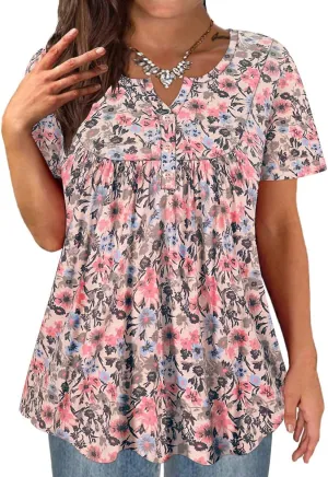 TIYOMI Plus Size Short Sleeve Tops for Women Buttons Up Shirts Summer Dressy Blouses Swing Tunics XL-5XL