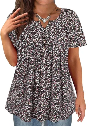 TIYOMI Plus Size Short Sleeve Tops for Women Buttons Up Shirts Summer Dressy Blouses Swing Tunics XL-5XL
