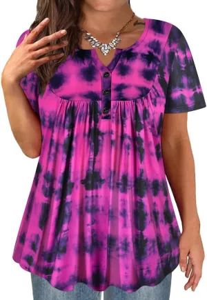 TIYOMI Plus Size Short Sleeve Tops for Women Buttons Up Shirts Summer Dressy Blouses Swing Tunics XL-5XL