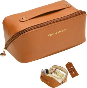 Travel Makeup Bag, 2-Set Large Capacity Women's Toiletry Bag and Mini Jewelry Organizer, Portable PU Leather Organizer Bag, Wide Open Cosmetic Portable Pouch with Divider and Handle