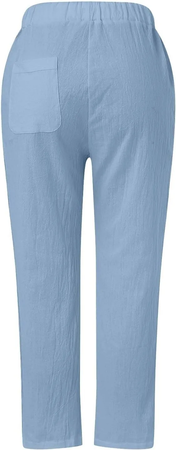 Trousers Pants for Women Button Down Loose Petite Short Womens Capris Summer Linen Cotton Capri Pants Stretch Cargo