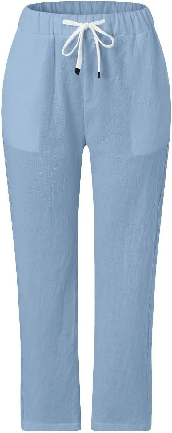 Trousers Pants for Women Button Down Loose Petite Short Womens Capris Summer Linen Cotton Capri Pants Stretch Cargo