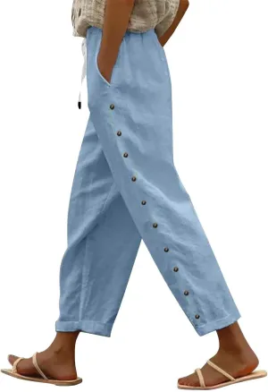 Trousers Pants for Women Button Down Loose Petite Short Womens Capris Summer Linen Cotton Capri Pants Stretch Cargo