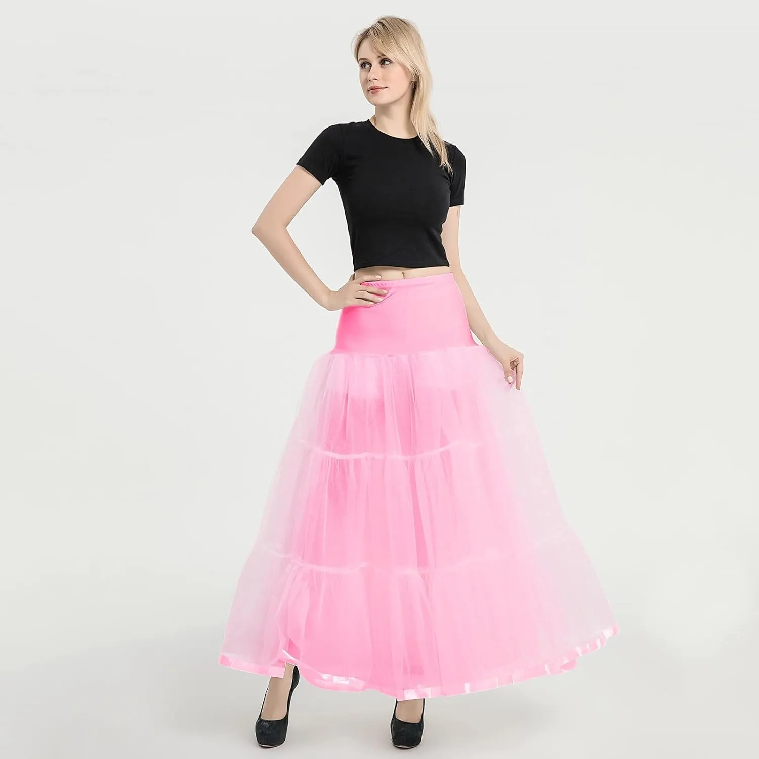 Tulle Skirts for Women Double-Layered Tutu Elastic Waist Floral Print Mesh High Low Asymmetrical A-Line Midi Skirt