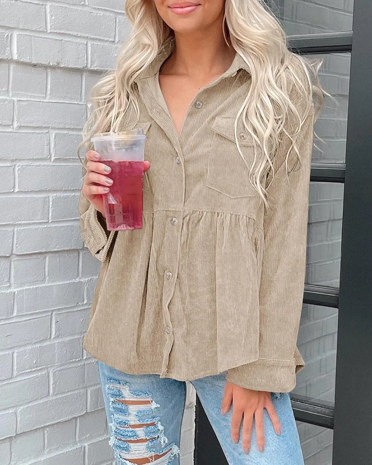 Tutorutor Womens Corduroy Shirts Casual Long Sleeve Button Down Blouses Tunic Babydoll Dress Loose Pocket Jacket Shackets