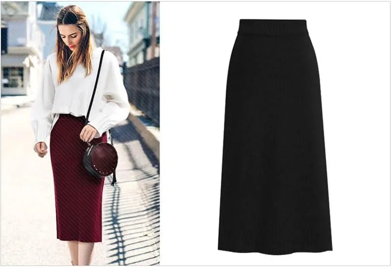 utcoco Women's High Waist Solid Color Skirt Long Pencil Wool Midi Skirts