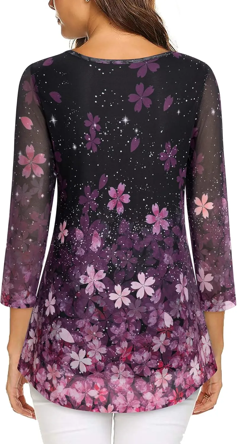 VALOLIA Women's 3/4 Sleeve Tunic Tops Casual Loose Fit Floral Blouses Mesh Pleated Layered Shirt